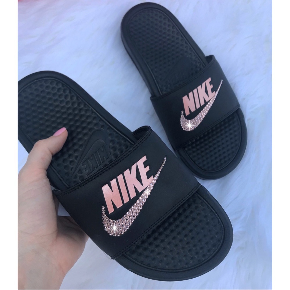 ⚡️Custom Bling Nike Benassi Slides (Black/Rose)⚡️